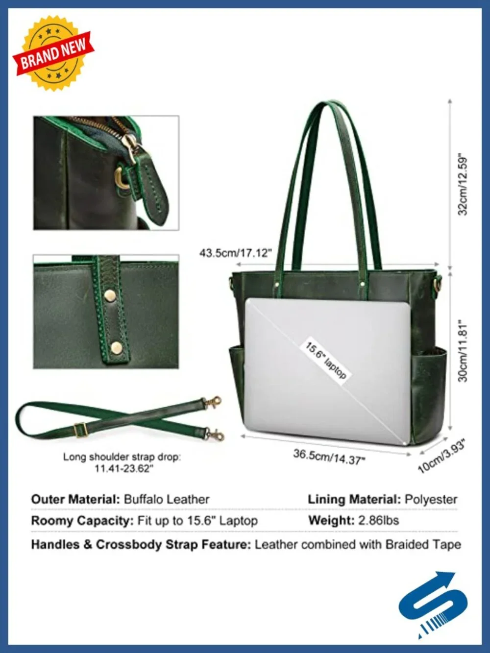 Genuine Leather Tote Bag for Women Large Vintage Work Travel 15.6